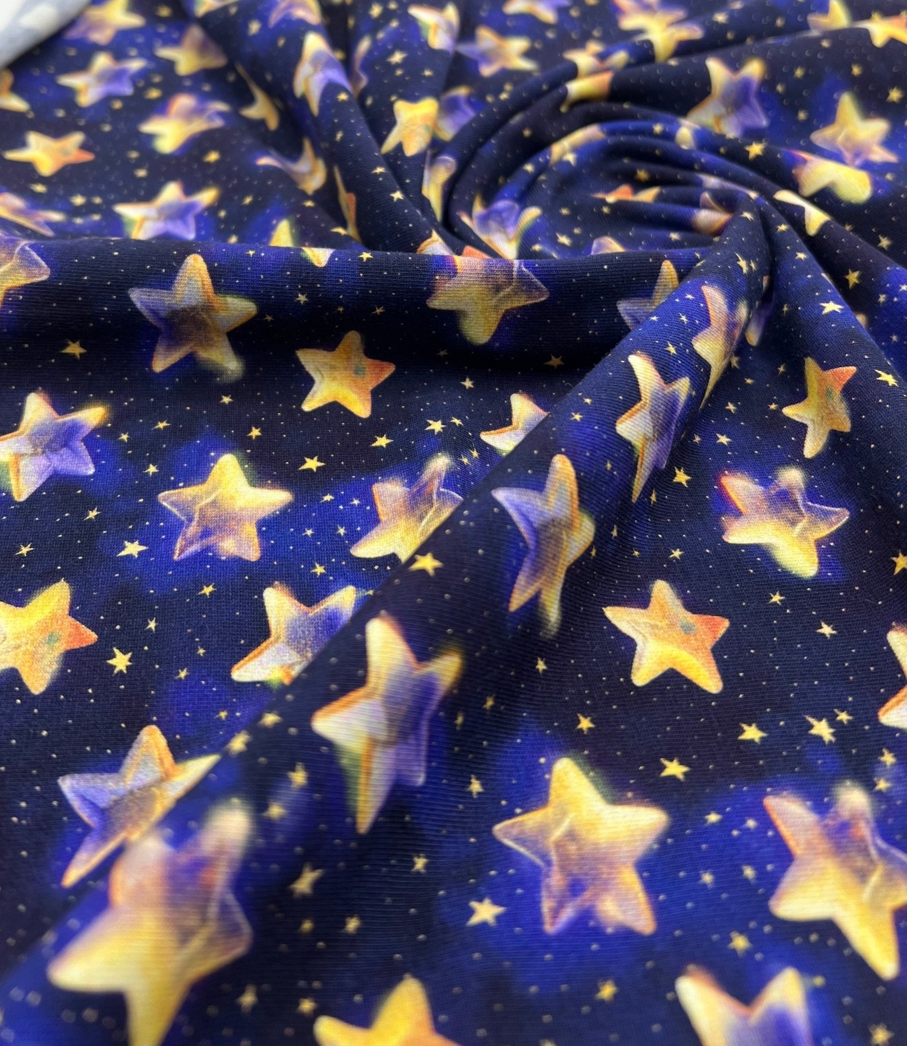 Navy Stars Print Cotton Stretch Jersey 200 GSM 95/5 Lycra 4 Way Stretch - T9 Fabrics